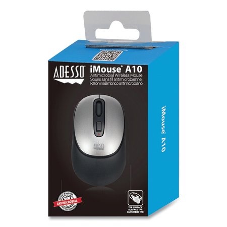 ADESSO iMouse A10 Antimicrobial Wireless Mouse, 2.4 GHz, L/R, Black/Silver A10